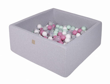 Vierkante ballenbak - Licht grijs met Transparante, Grijze, munt, Licht roze en Witte ballen